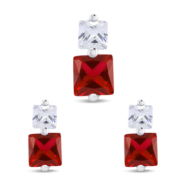 Pendant Earring Jewelry Set Princess Simulated Garnet CZ 925 Sterling Silver